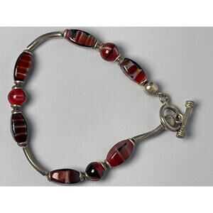 Red Black Glass Bead Bracelet 925 Sterling Clasp 7.5in Murano Style